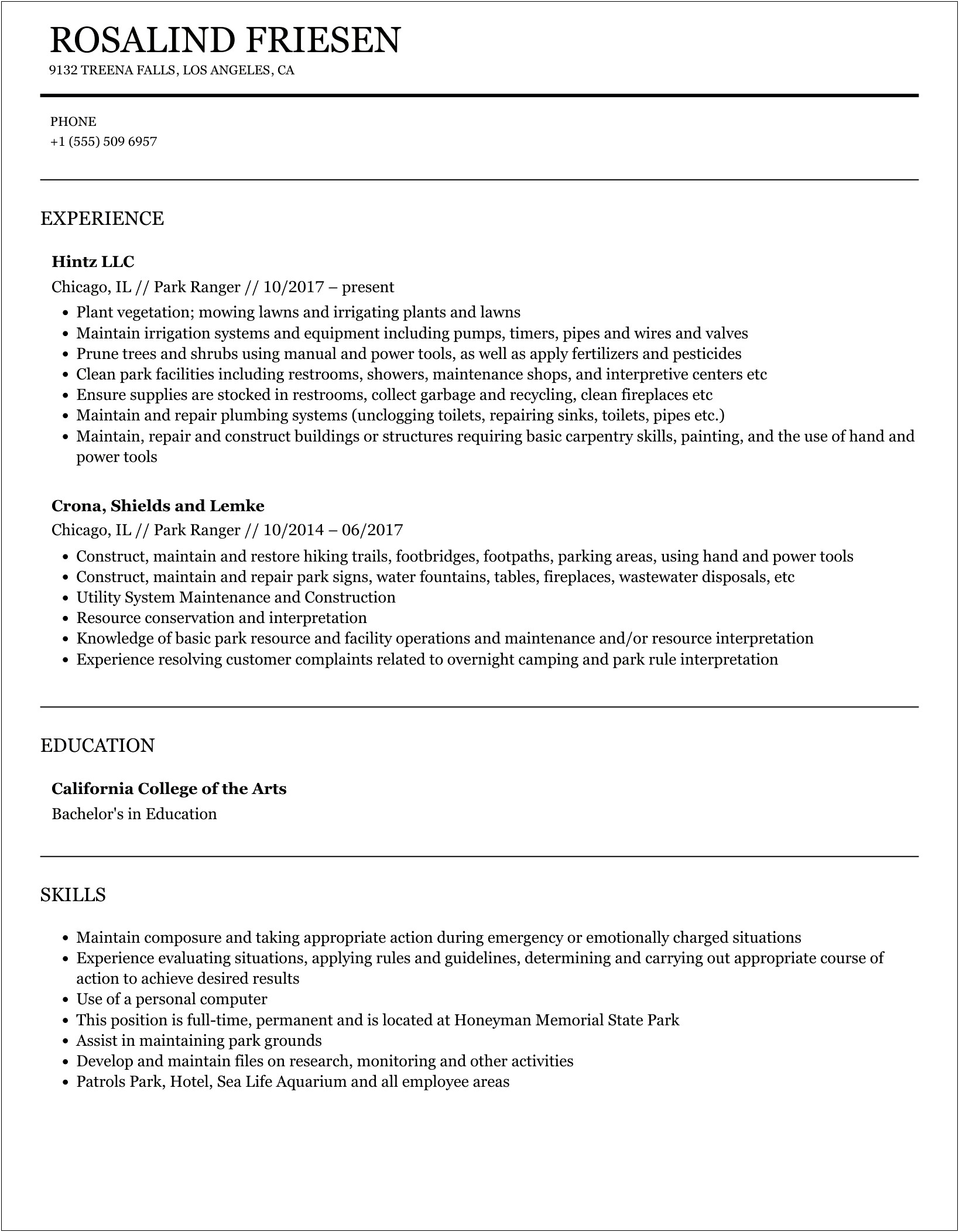 Park Ranger Job Description For Resume