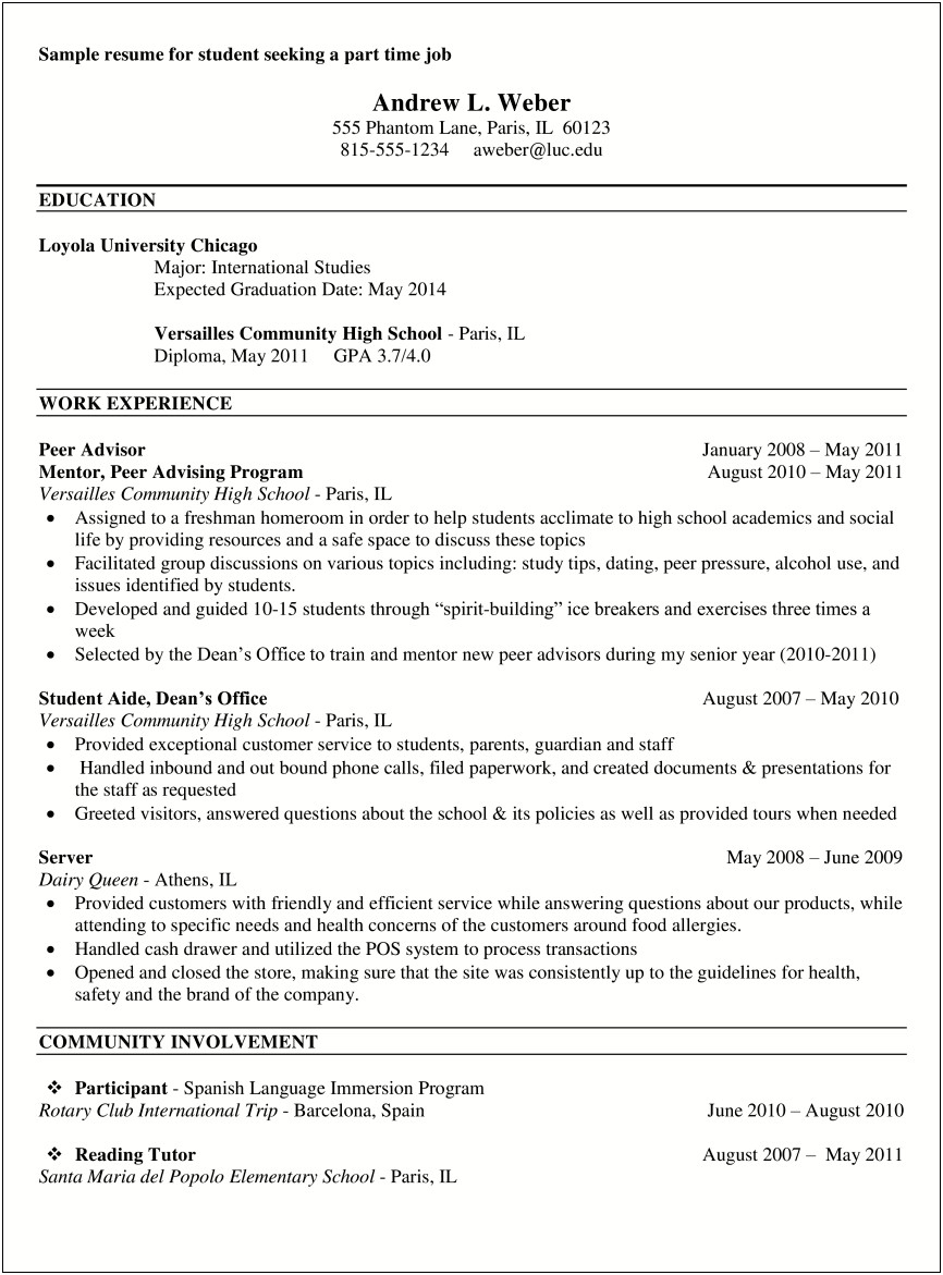 Part Time Job On Campus Resume