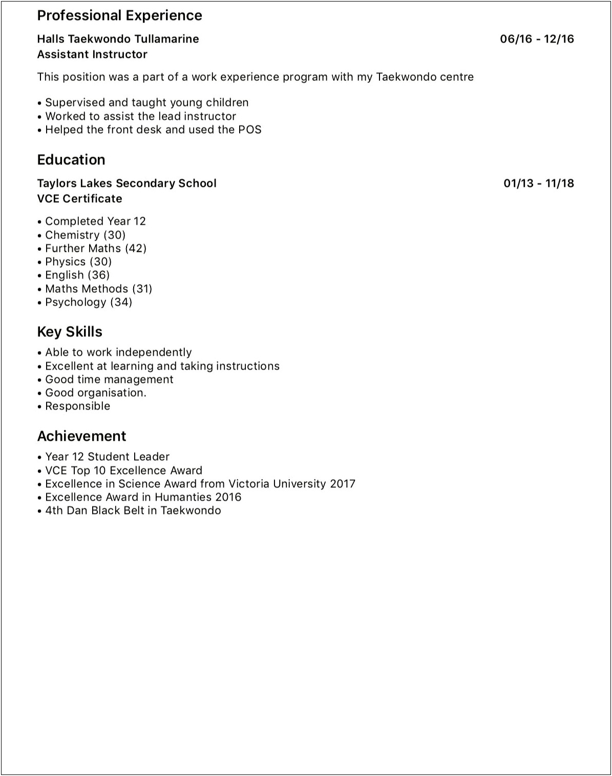 Part Time Resume With No Work Experience