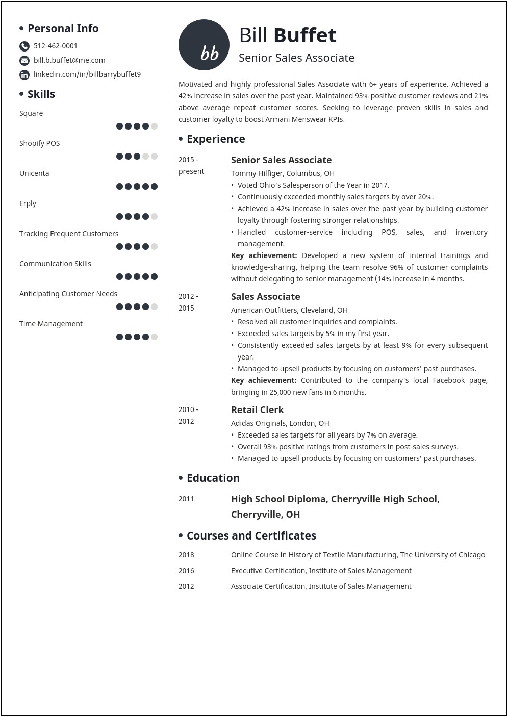 Part Time Sales Associate Example Resume