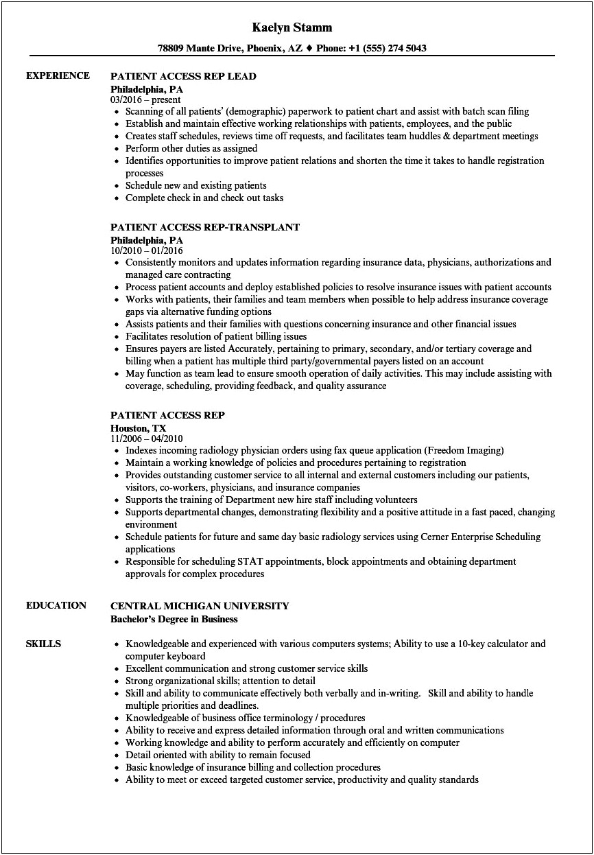 Patient Access Job Description For Resume
