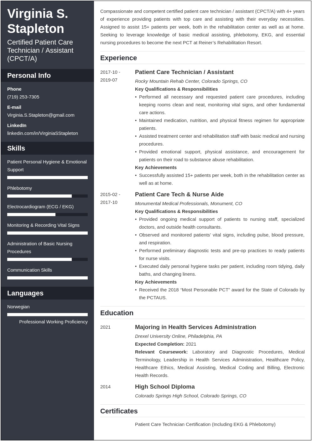Patient Care Tech Job Description For Resume