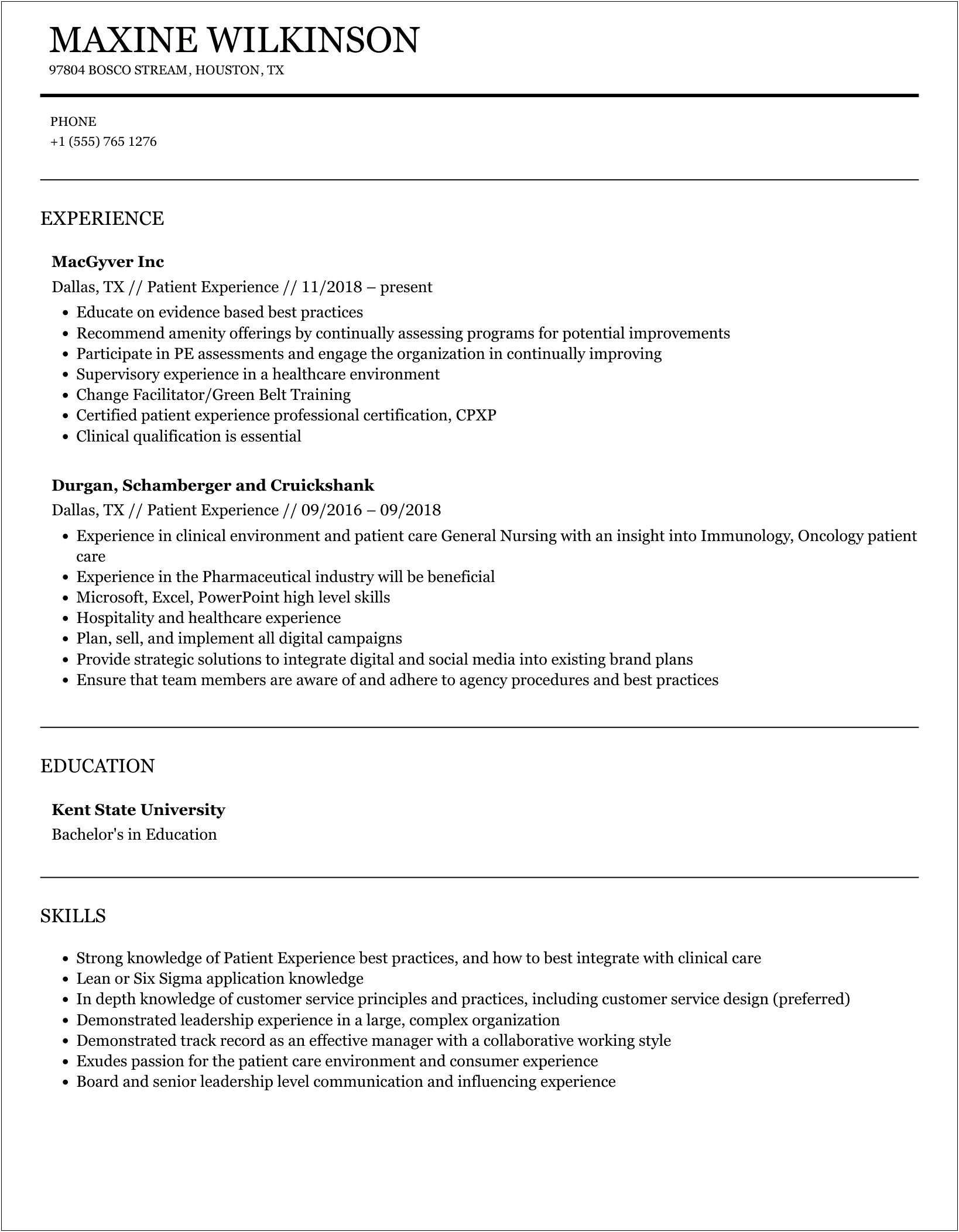 Patient Experience Specialist Resume E Herman Hospital