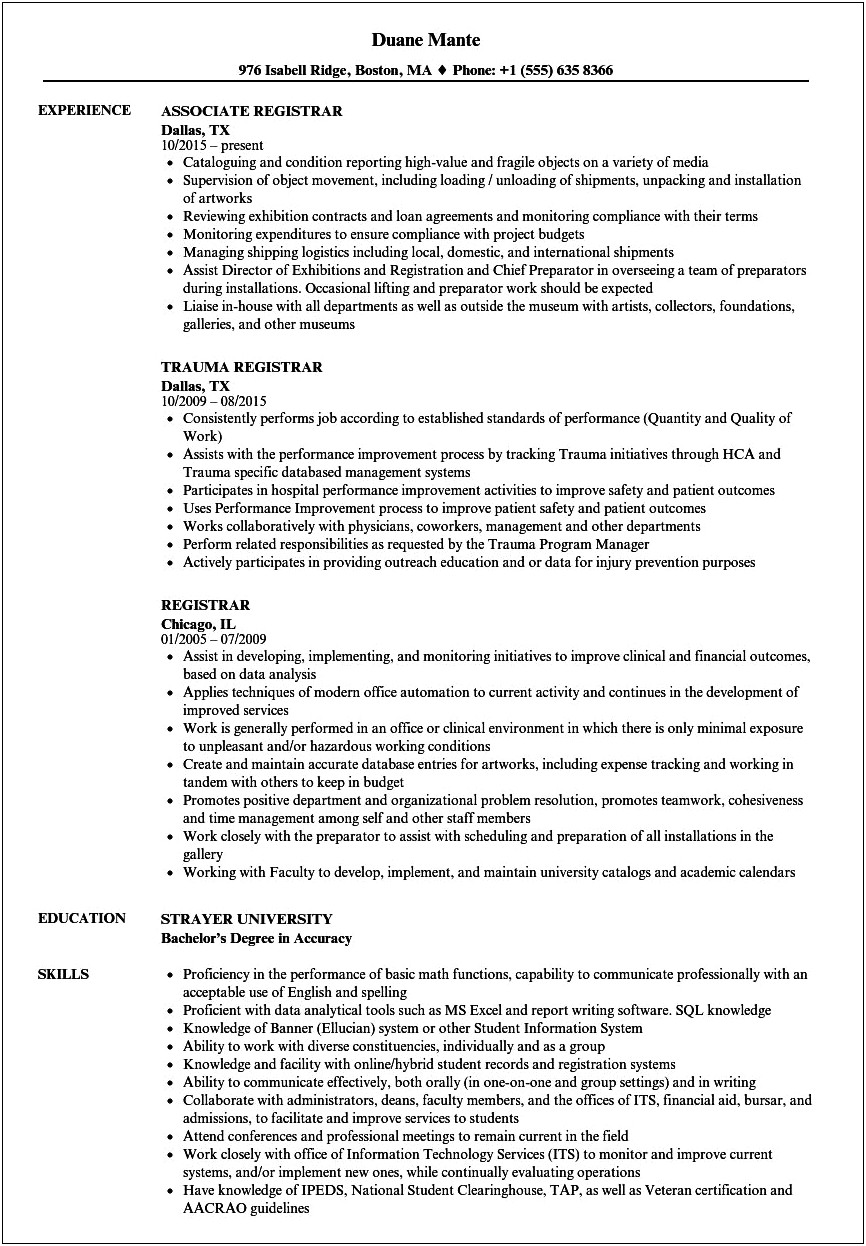 Patient Registrar Job Description For Resume
