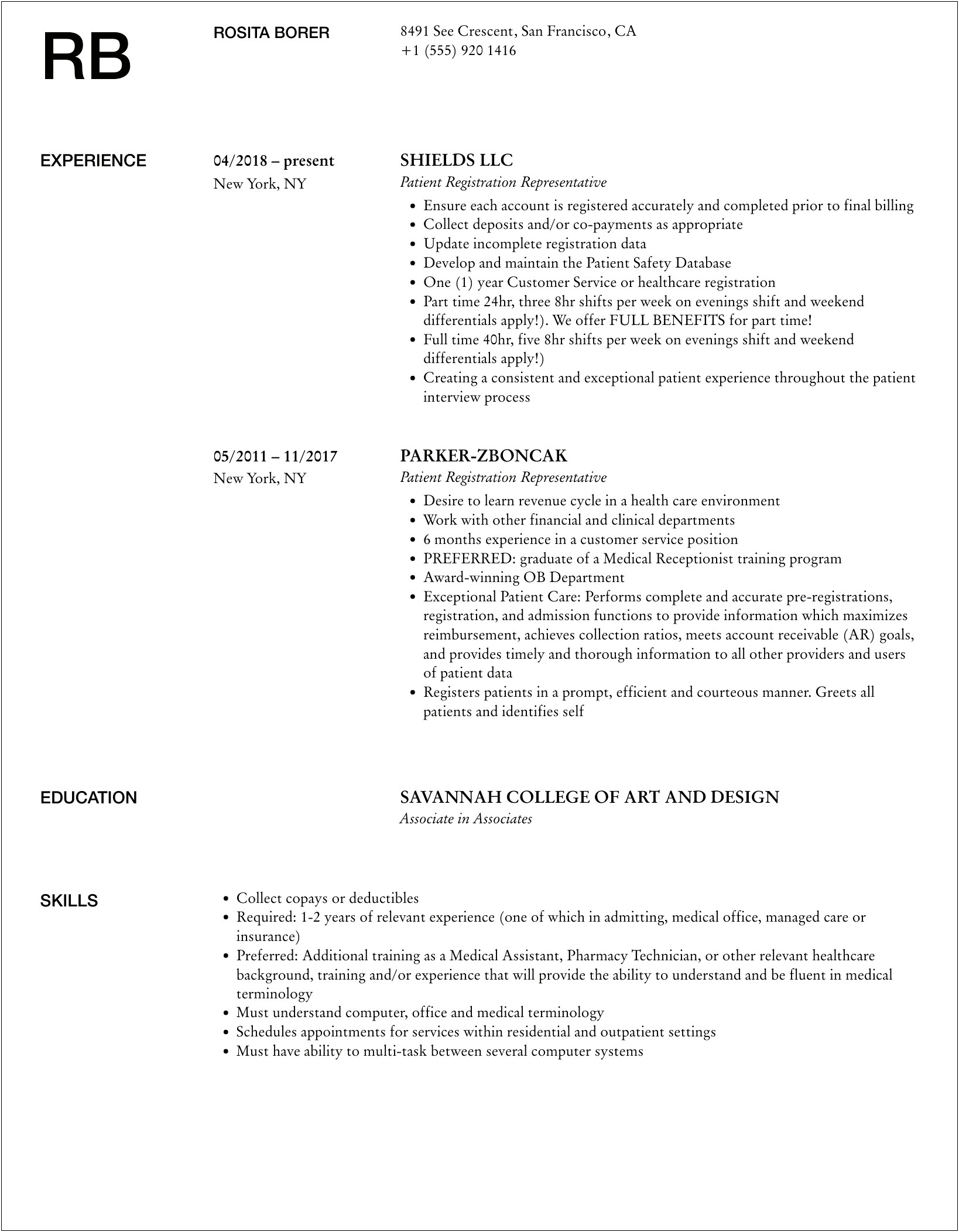 Patient Registration Job Description For Resume