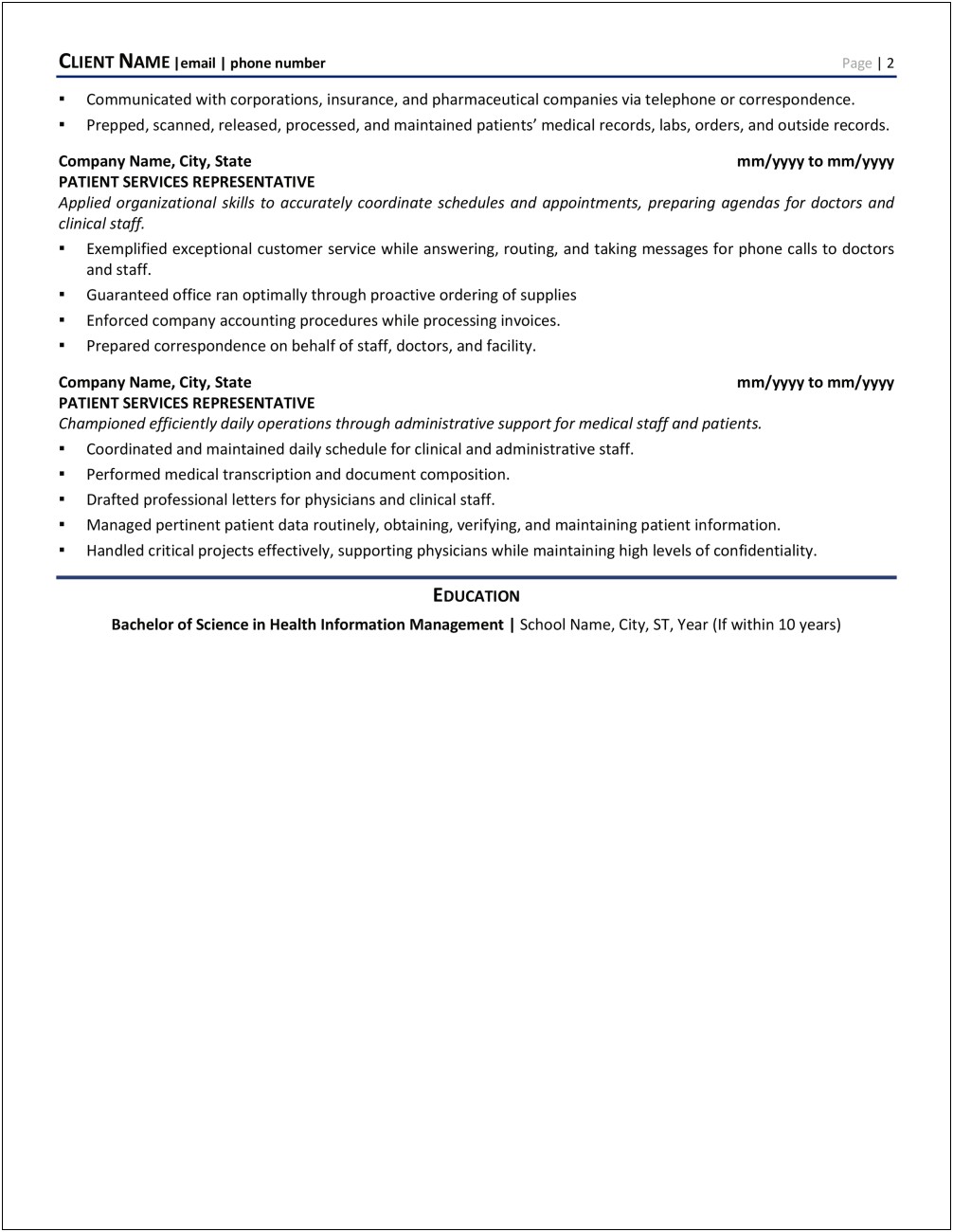 Patient Service Representative Job Description For Resume