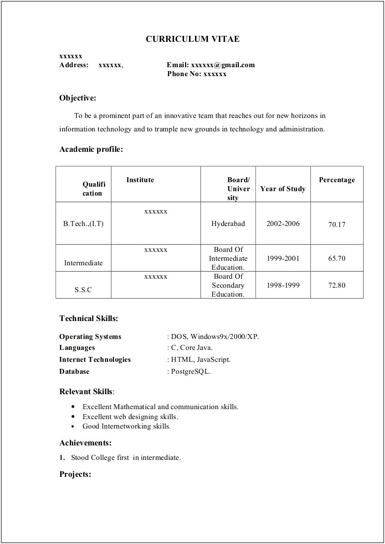 Pdf Resume Format For Freshers Free Download