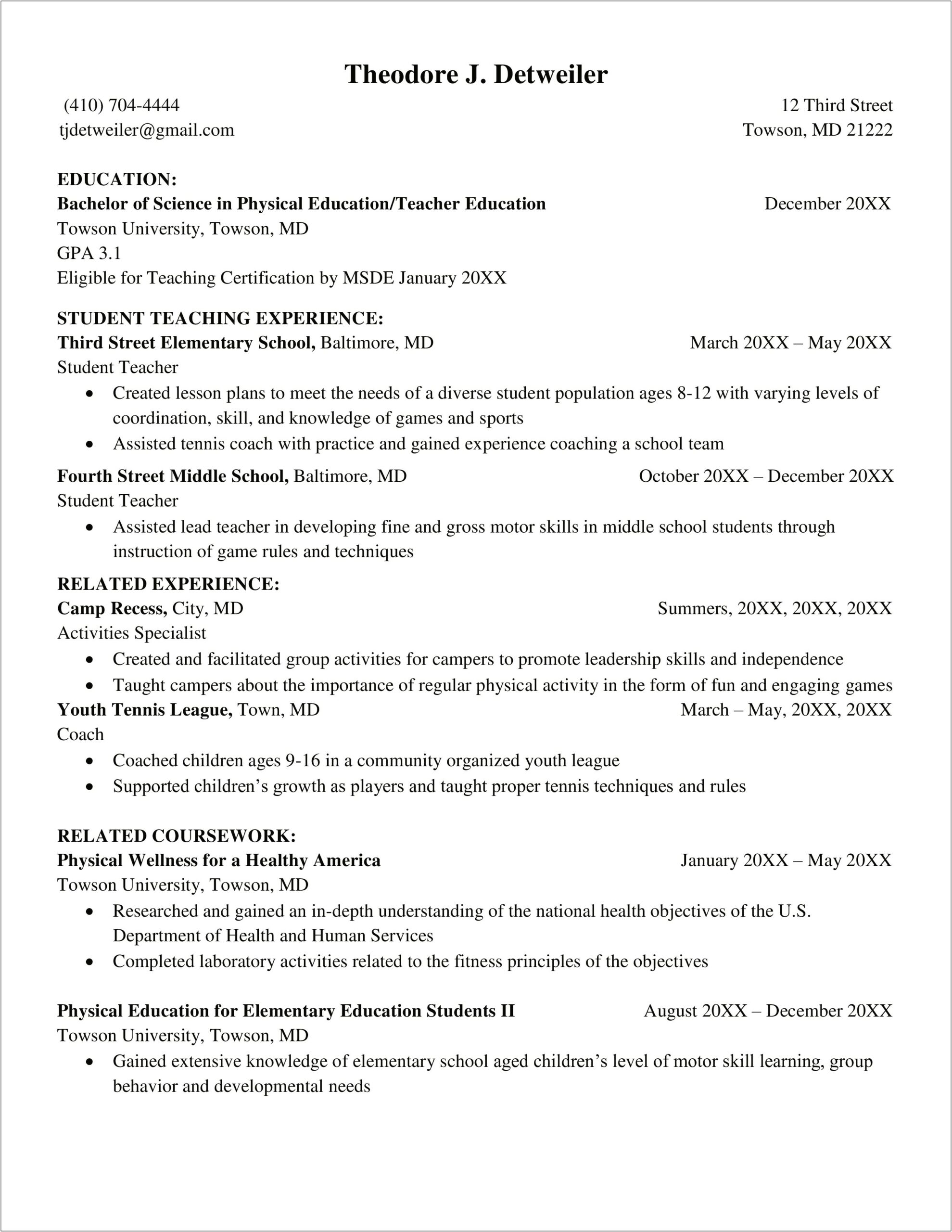 Pe Teacher Job Description For Resume