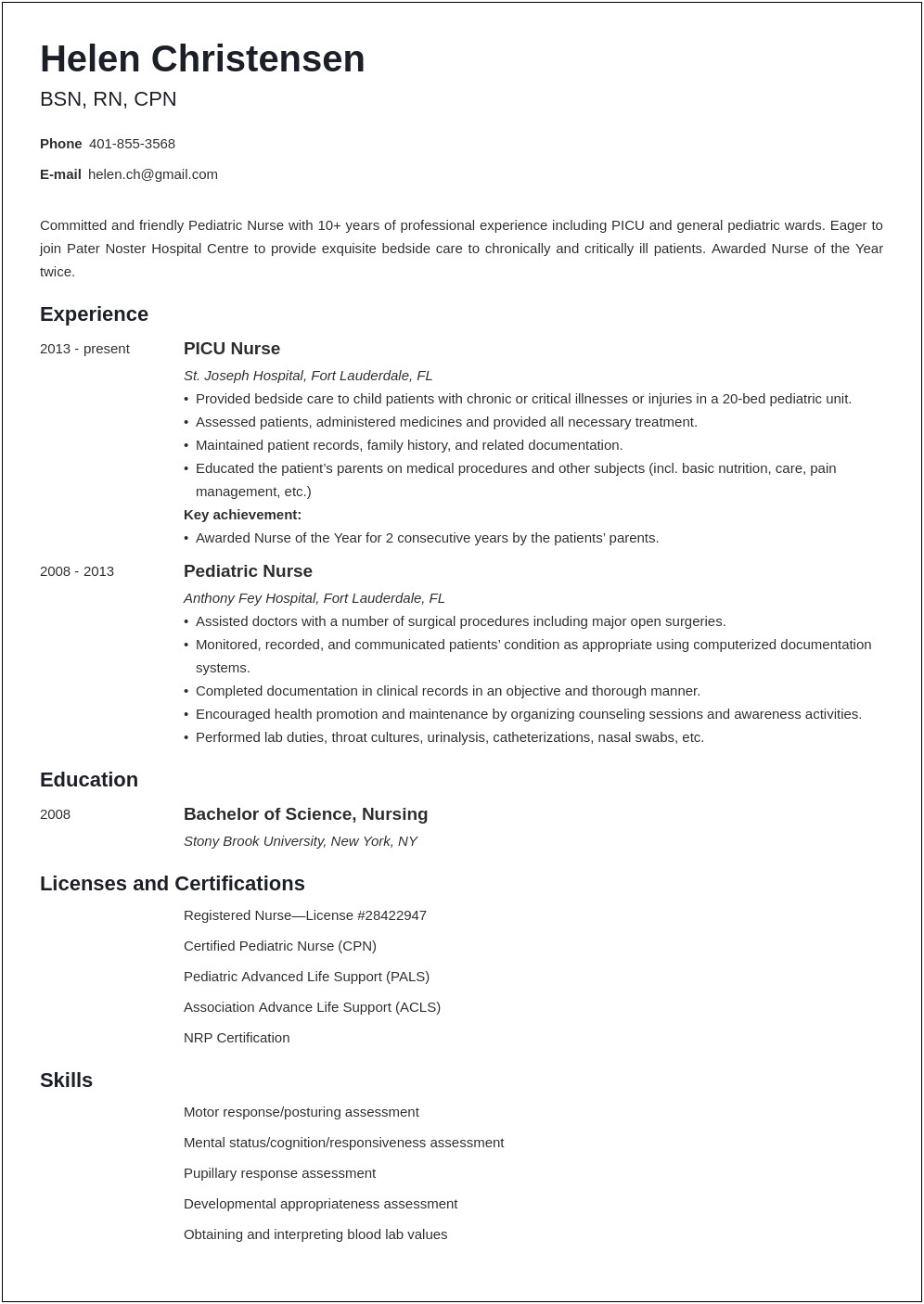 Pediatric Clinic Nurse Job Description For Resume