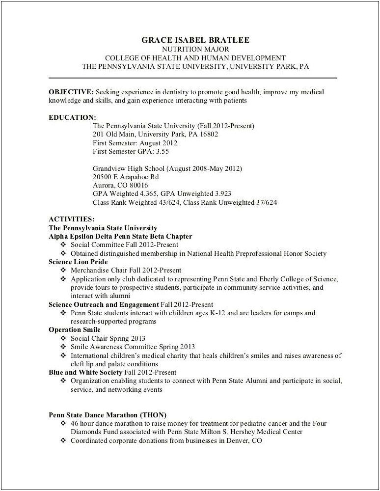 Penn State Career Services Sample Resume