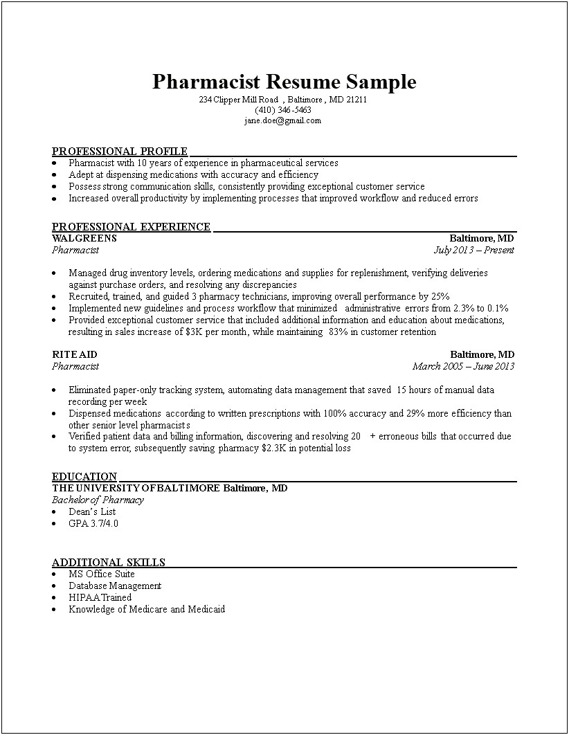 Perfect Resume For Applying To Pharmacy School