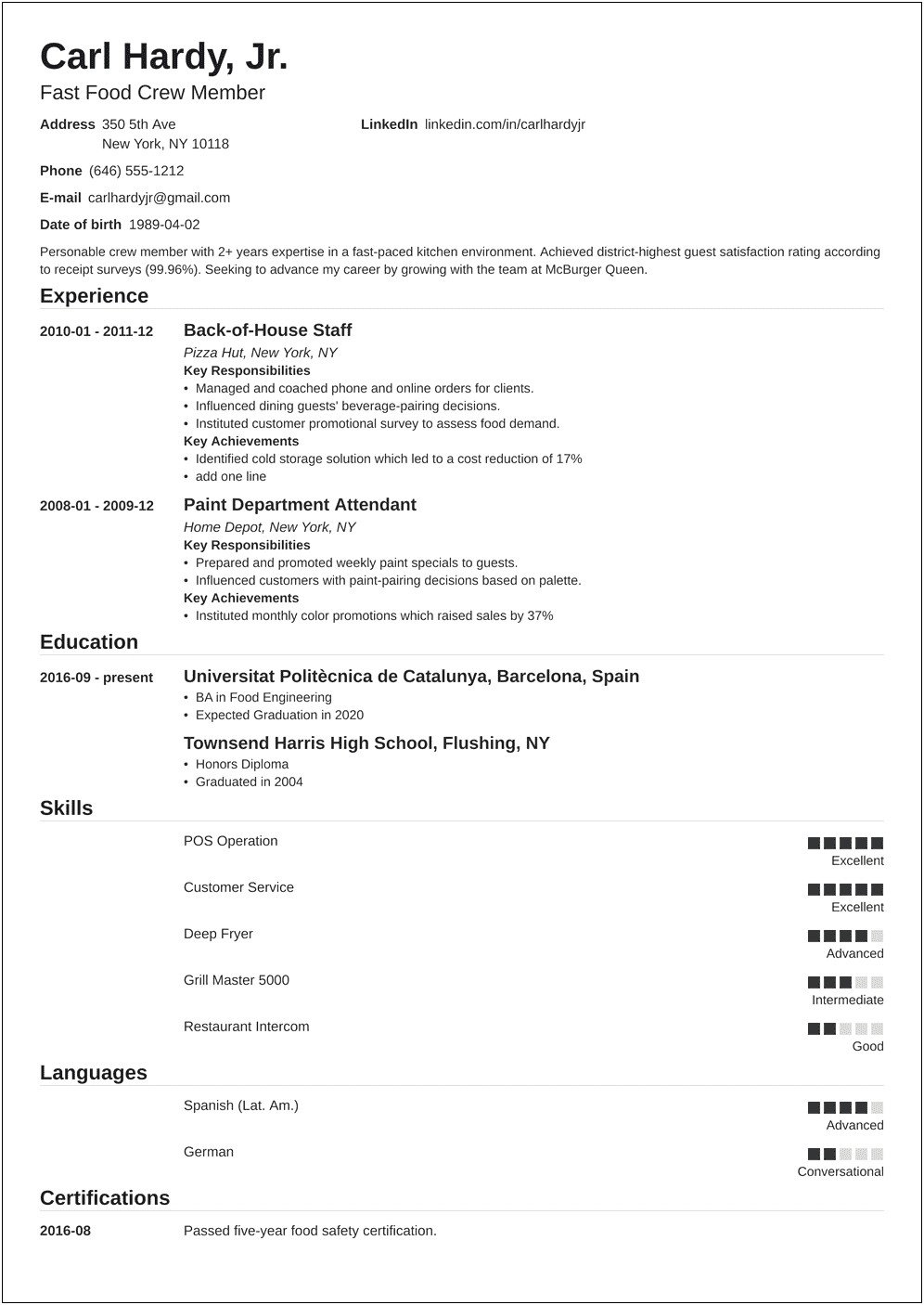 Perfect Wendy's Profesional Experience Resume