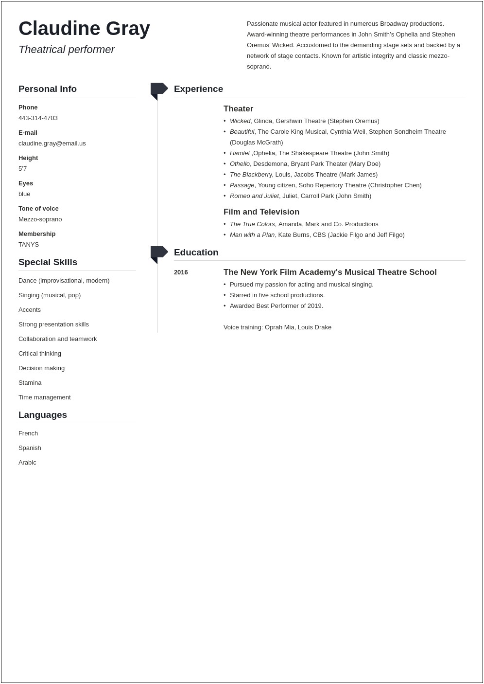 Performing Arts Resume For College Template