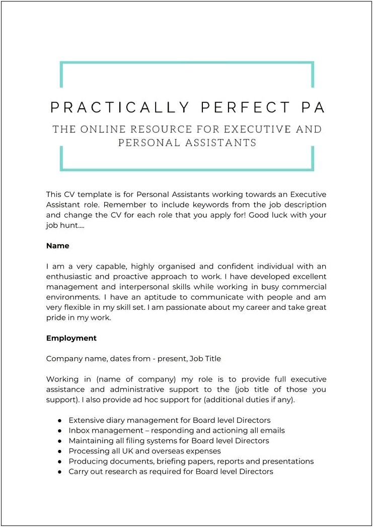 Personal Assistant Information To Put On Resume