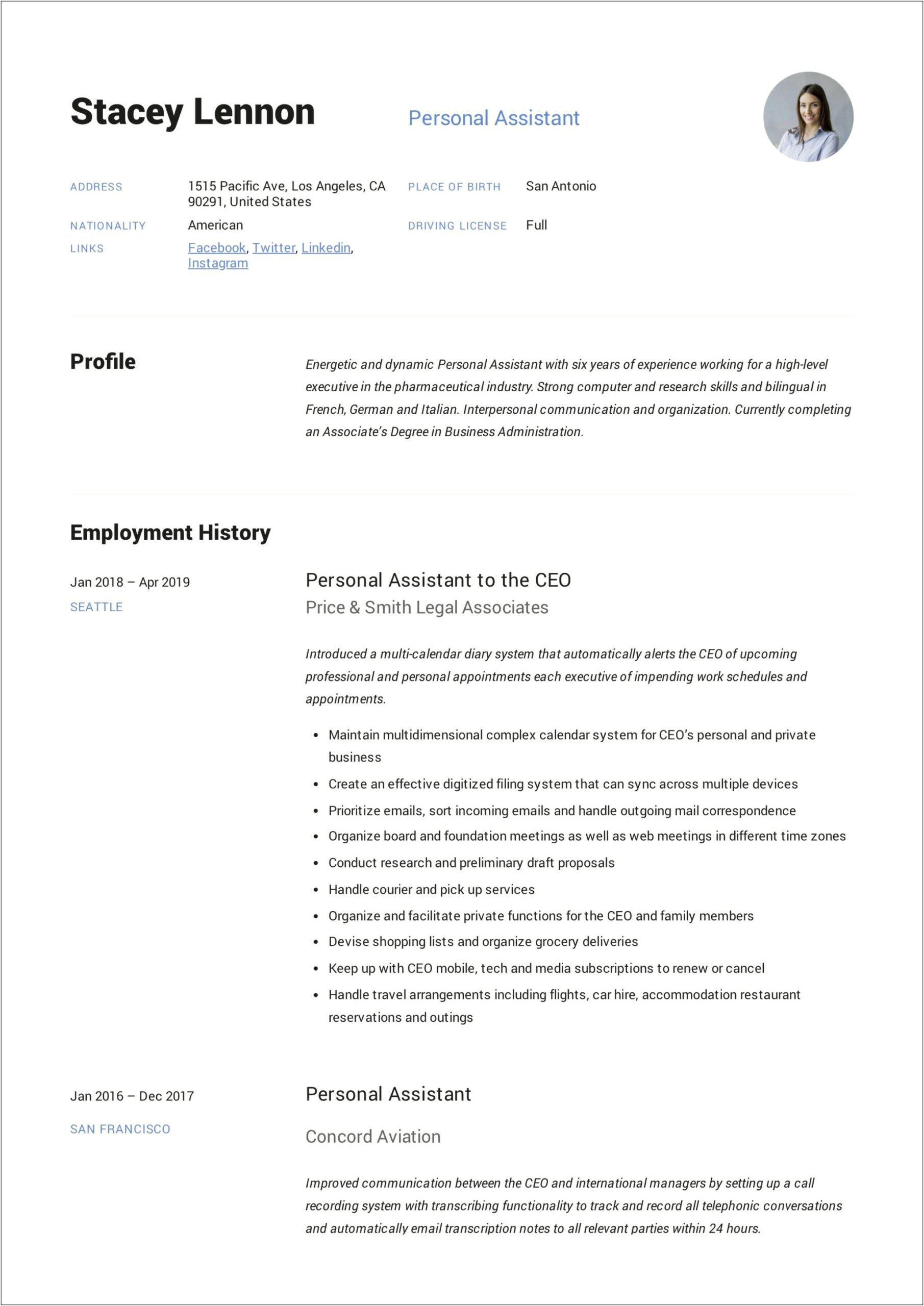 Personal Assistant Job Description Sample Resume