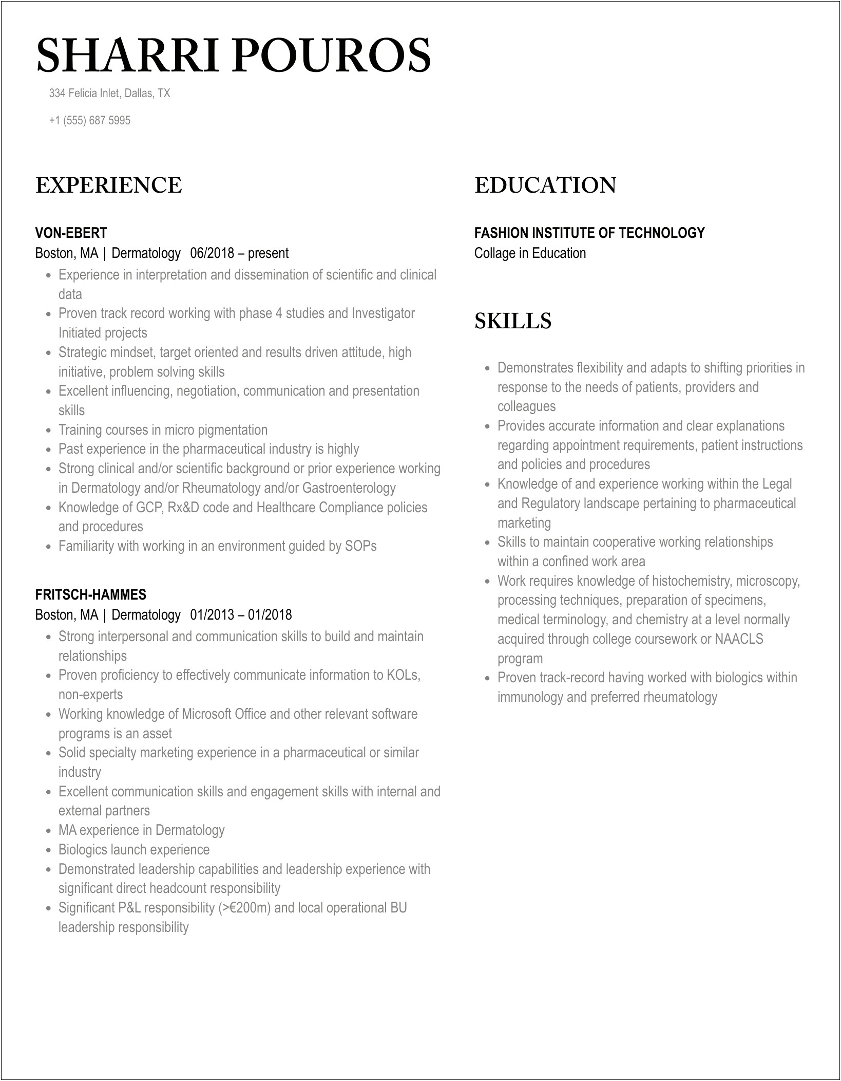 Personal Experience For A Dermatologist Resume
