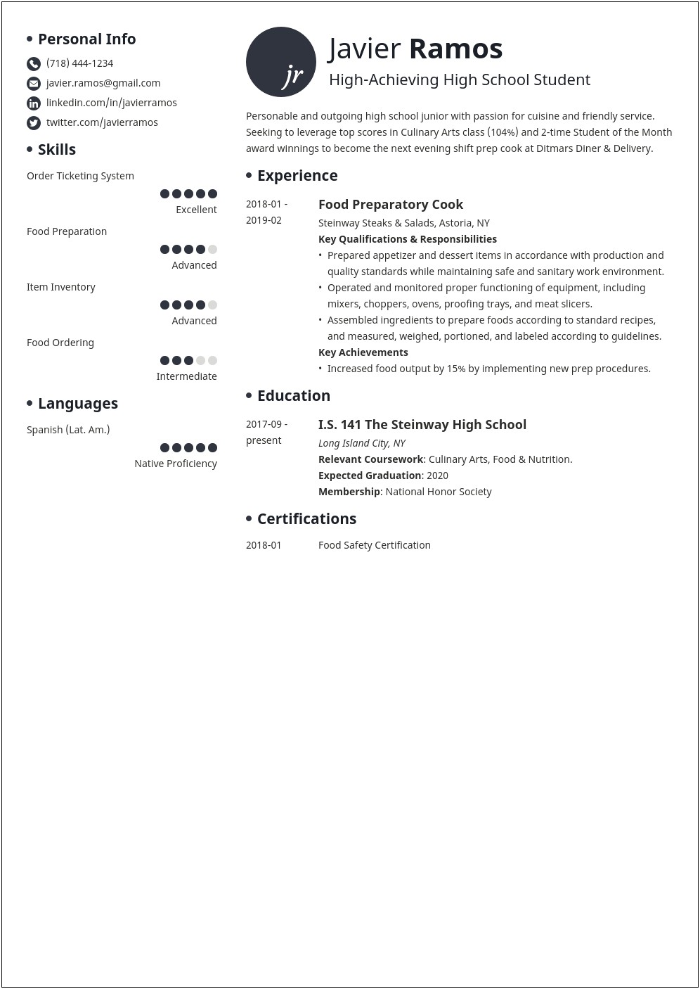 Personal Resume Summary For High School Student