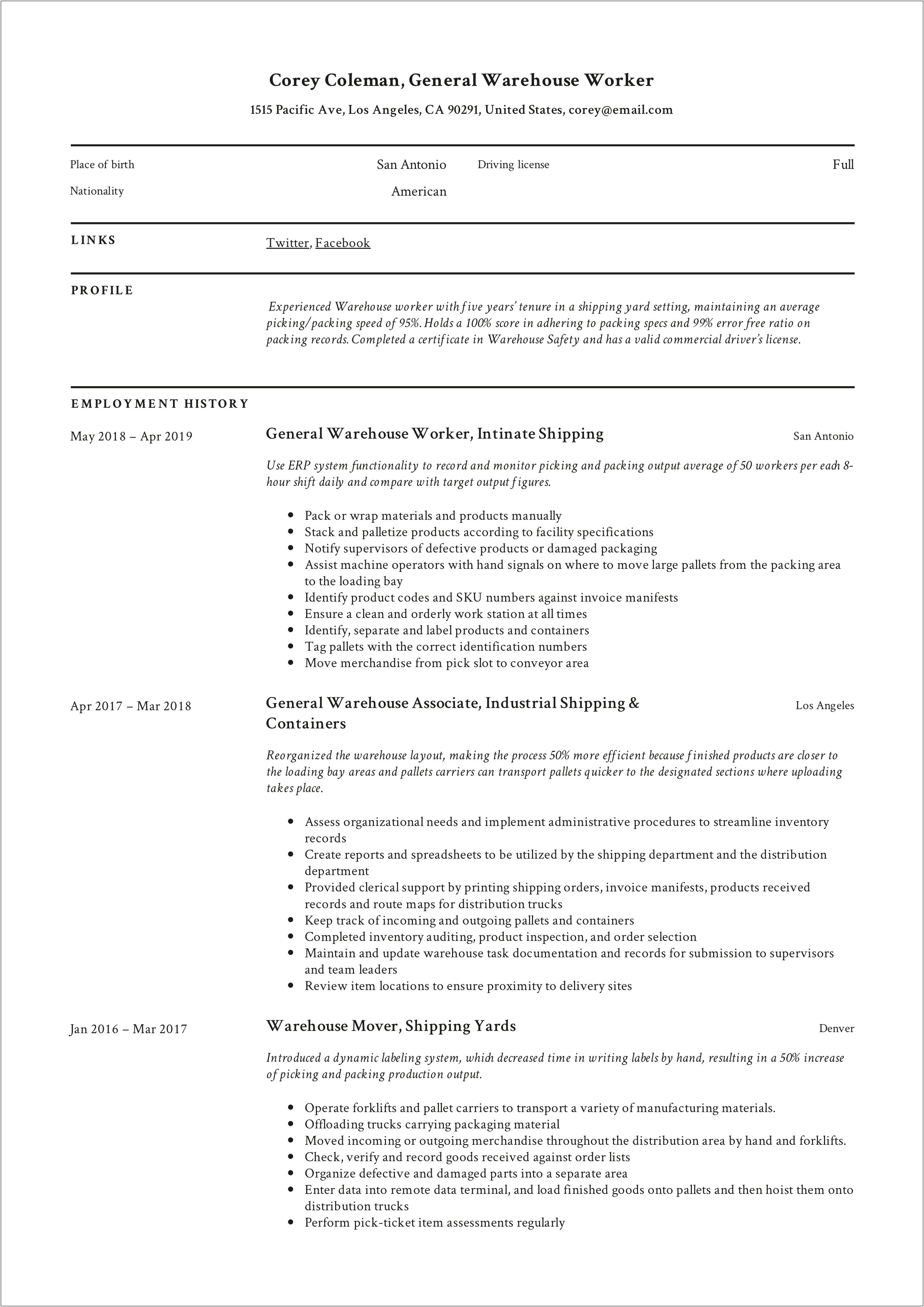 Personal Summary For A Warehouse Associate Resume