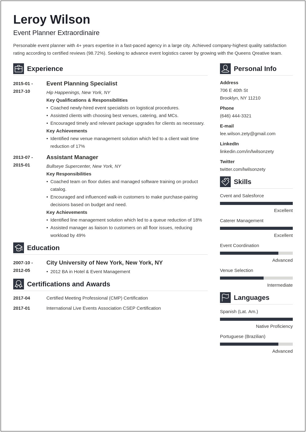 Personal Summary For Event Planner Resume Examples
