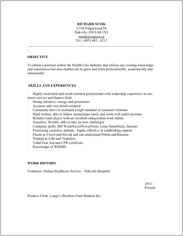 Personal Support Worker Resume No Experience