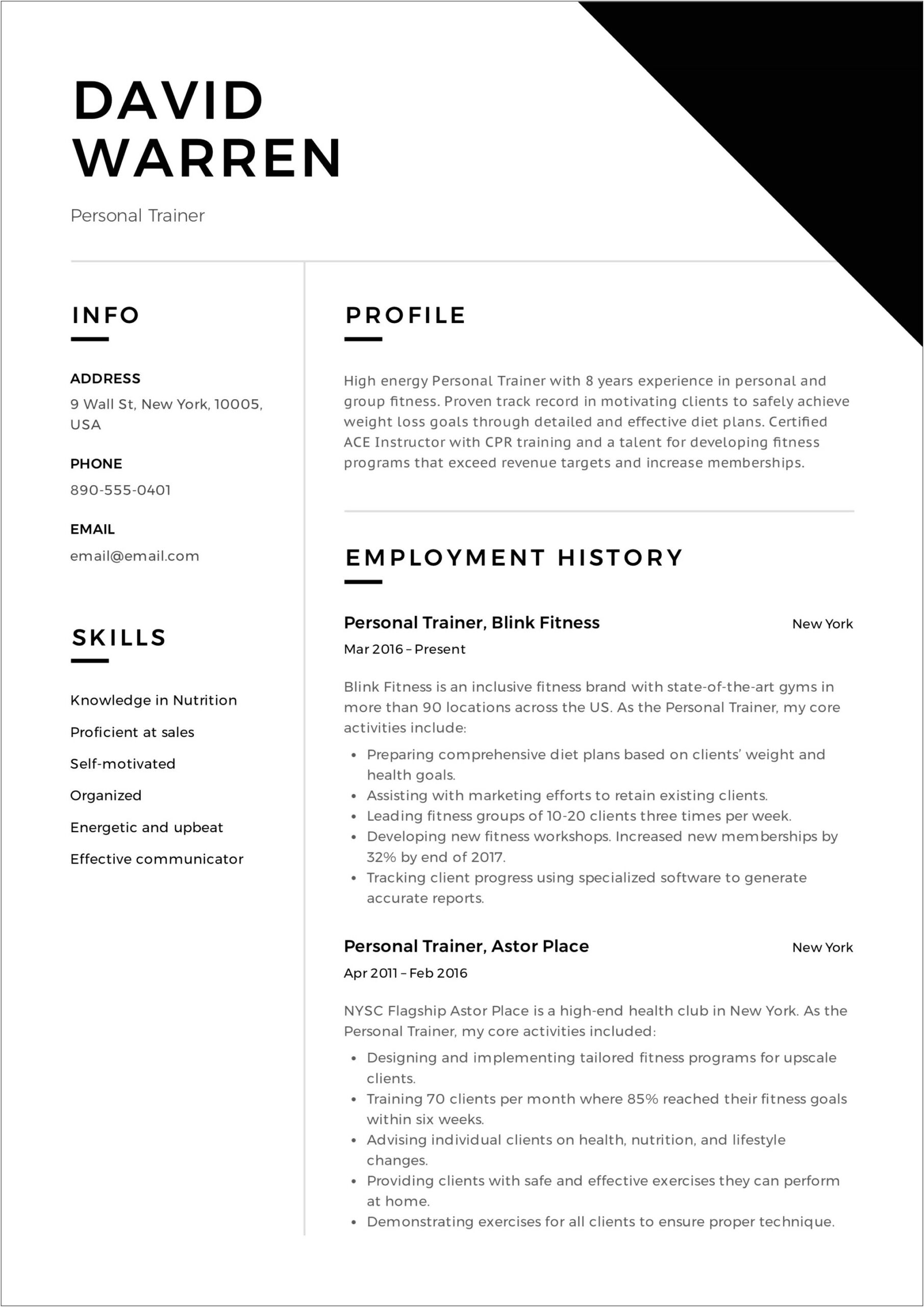 Personal Trainer Job Description On Resume