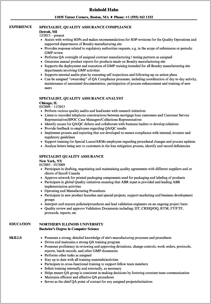 Pharmaceutical Industry Quality Analyst Professional Experience For Resume