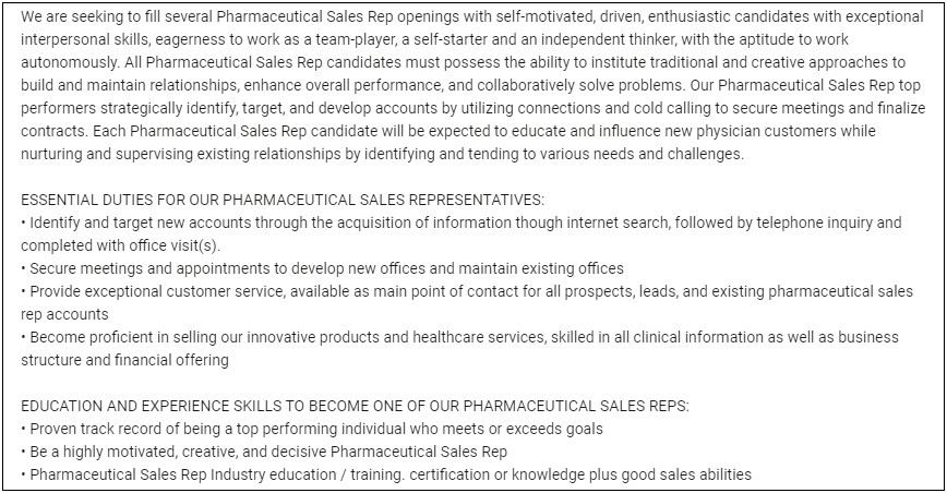 Pharmaceutical Sales Rep Resume No Experience