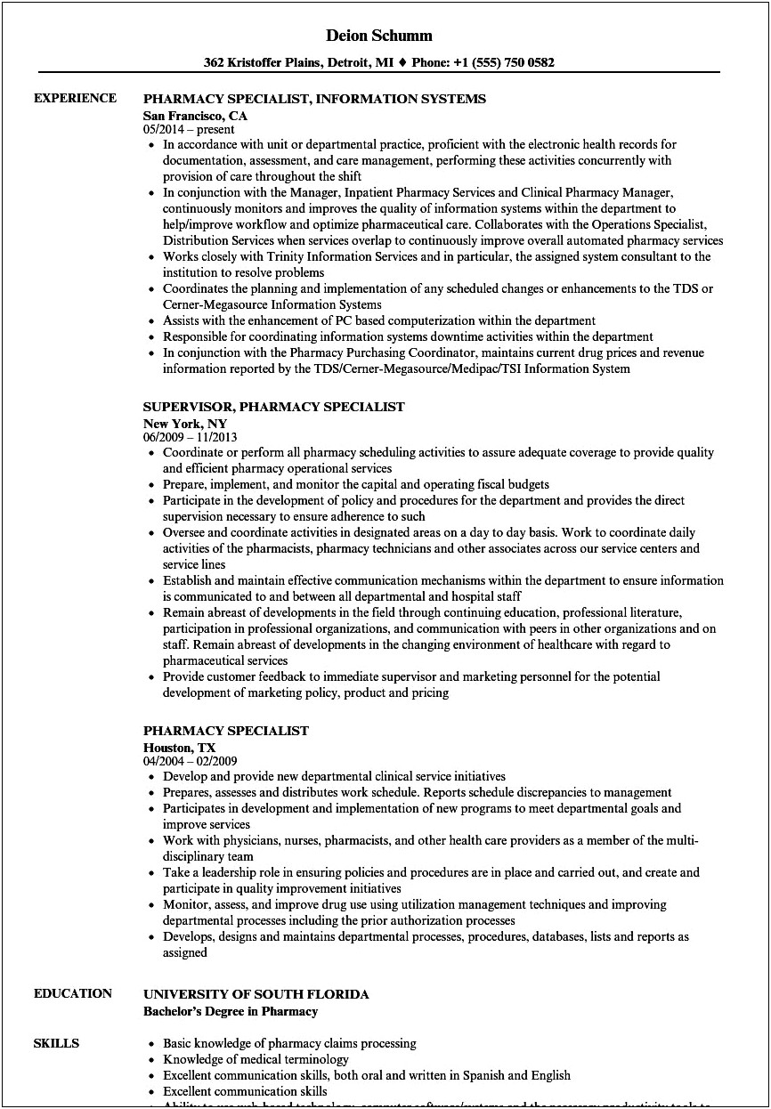 Pharmacist Applying For Clinical Specialist Job Resume