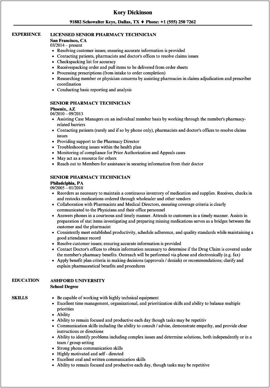 Pharmacy Technician Sample Of Objective For Resume