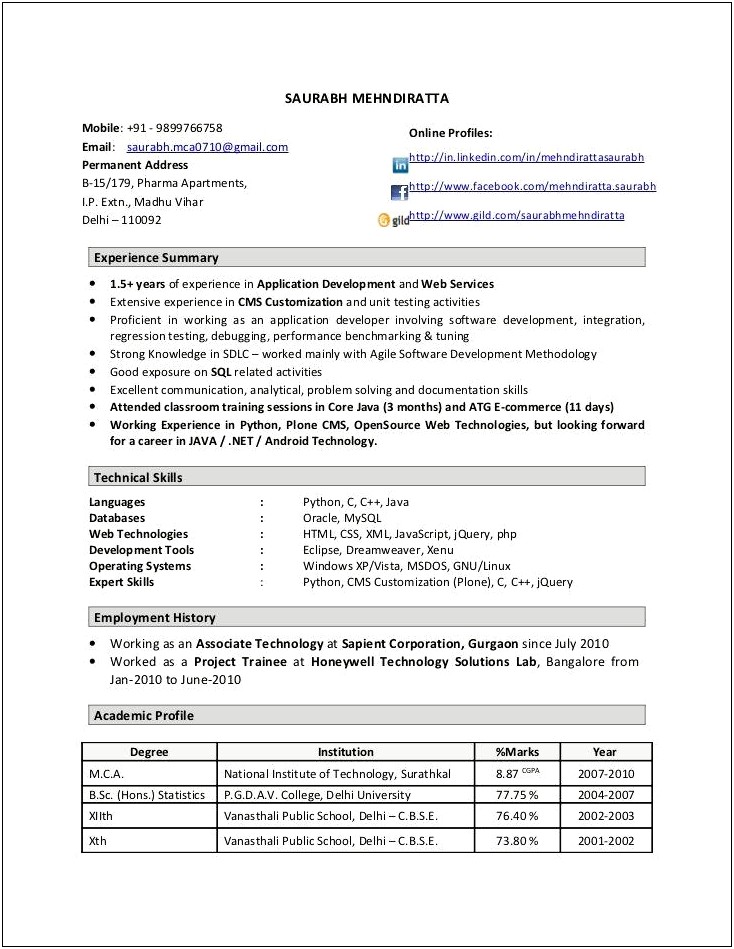 Php 1 Year Experience Resume Sample