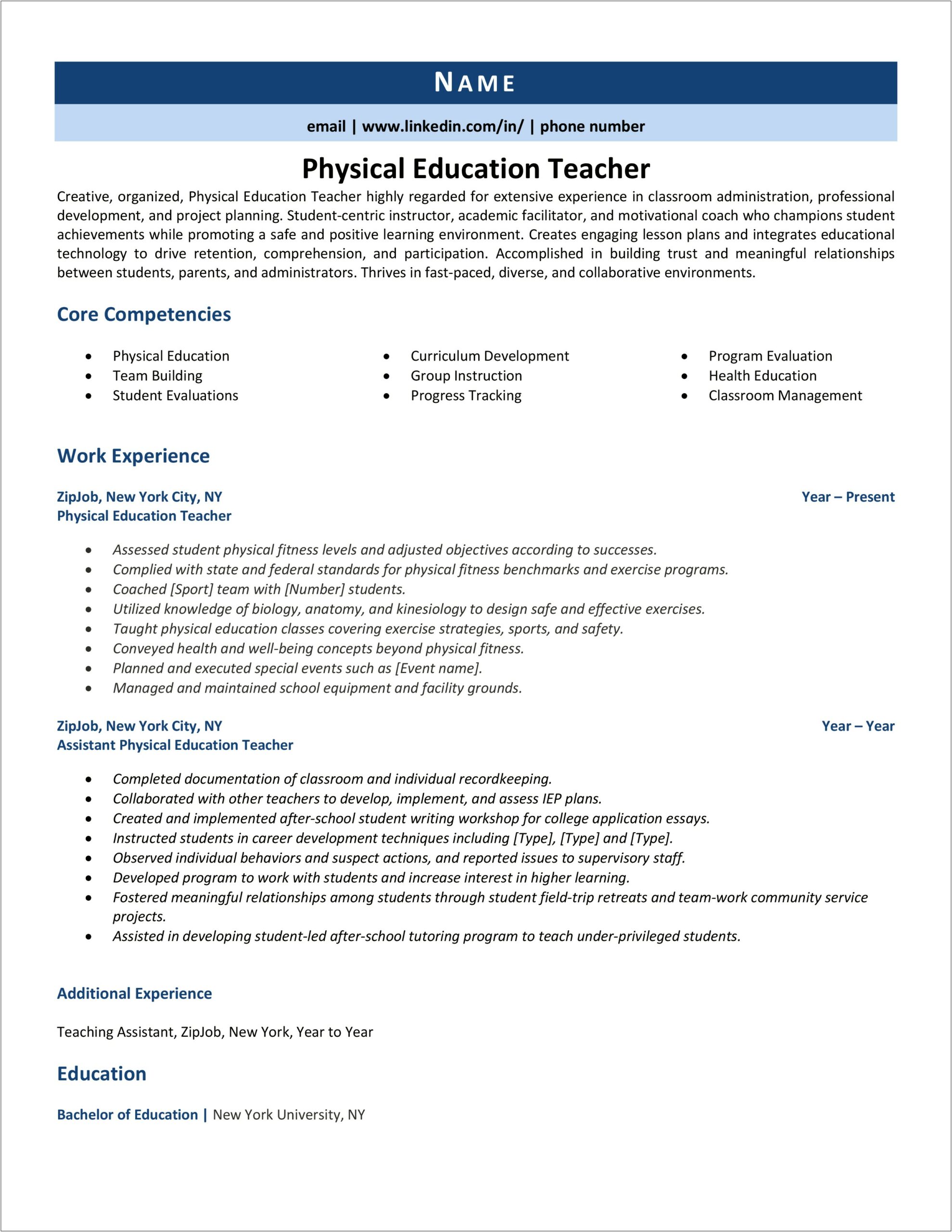 Physical Education Elementary Teacher Resume Sample