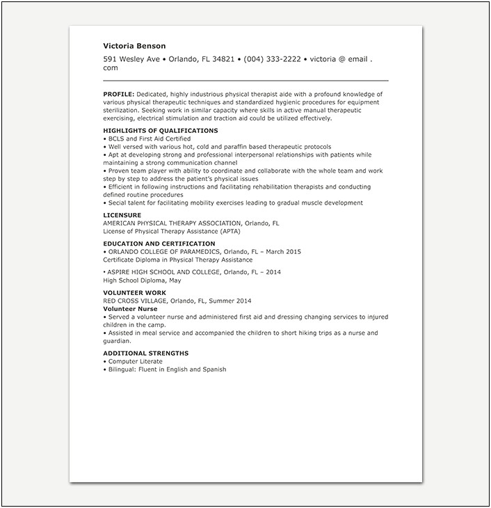 Physical Therapy Aide Job Description In Resume
