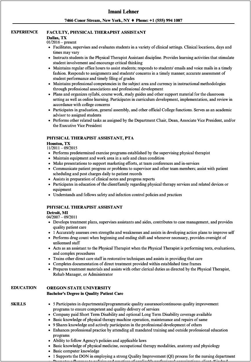 Physical Therapy Aide Job Description Resume