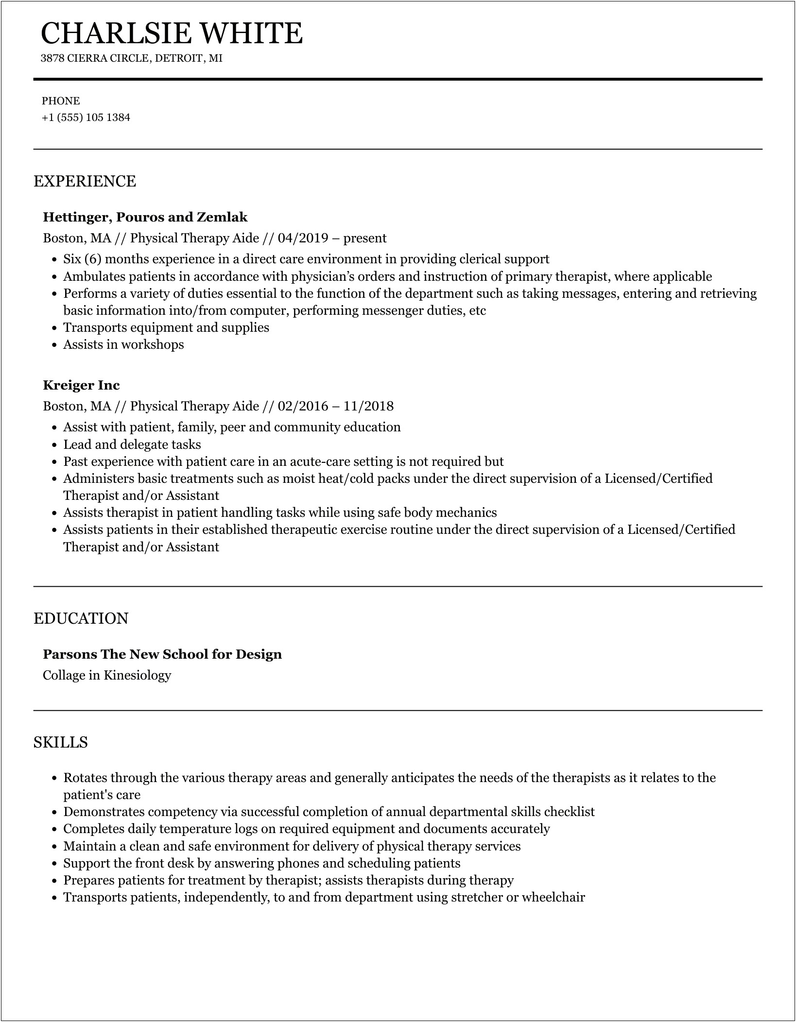 Physical Therapy Aide Resume No Experience