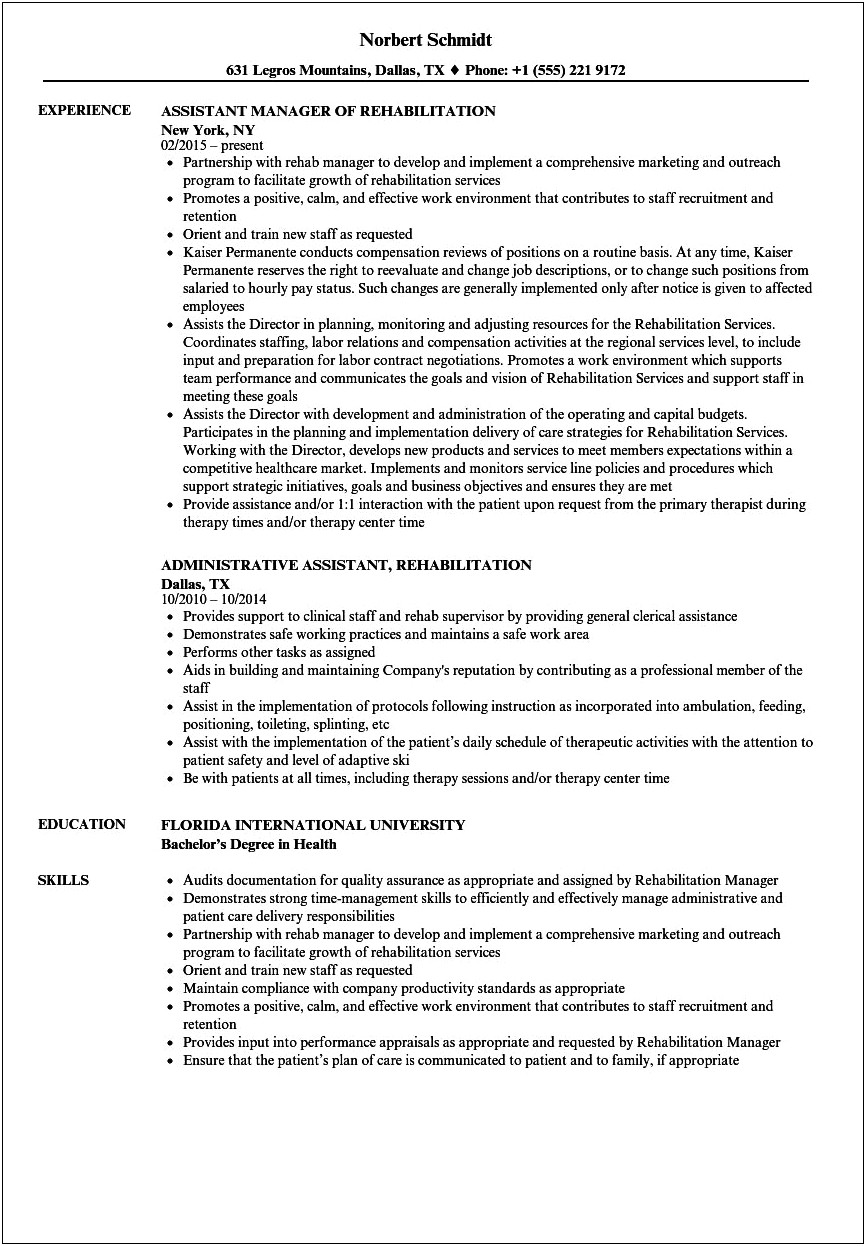 Physiotherapist Assistant Resume For Admin Job