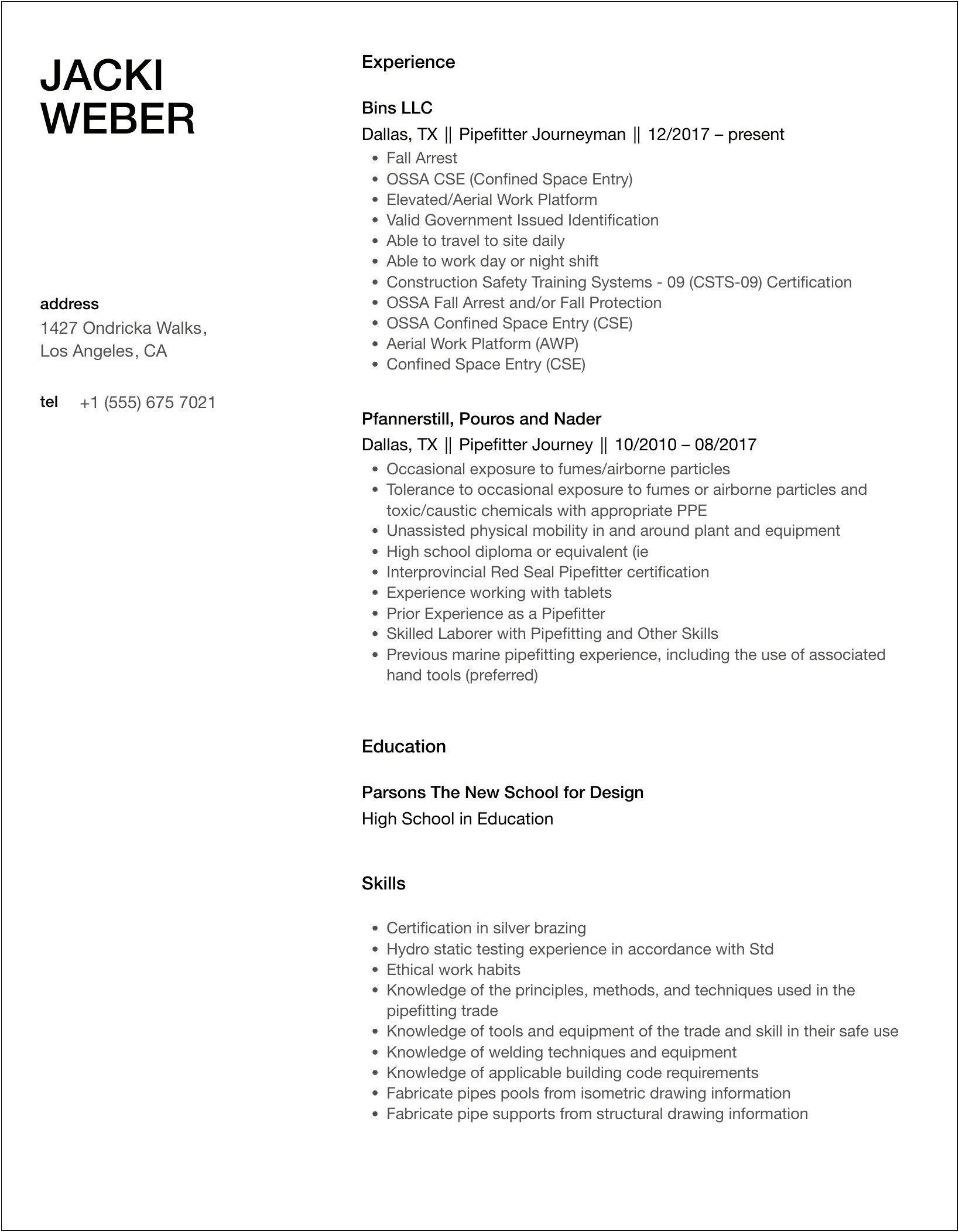 Pipefitter Helper Job Description For Resume