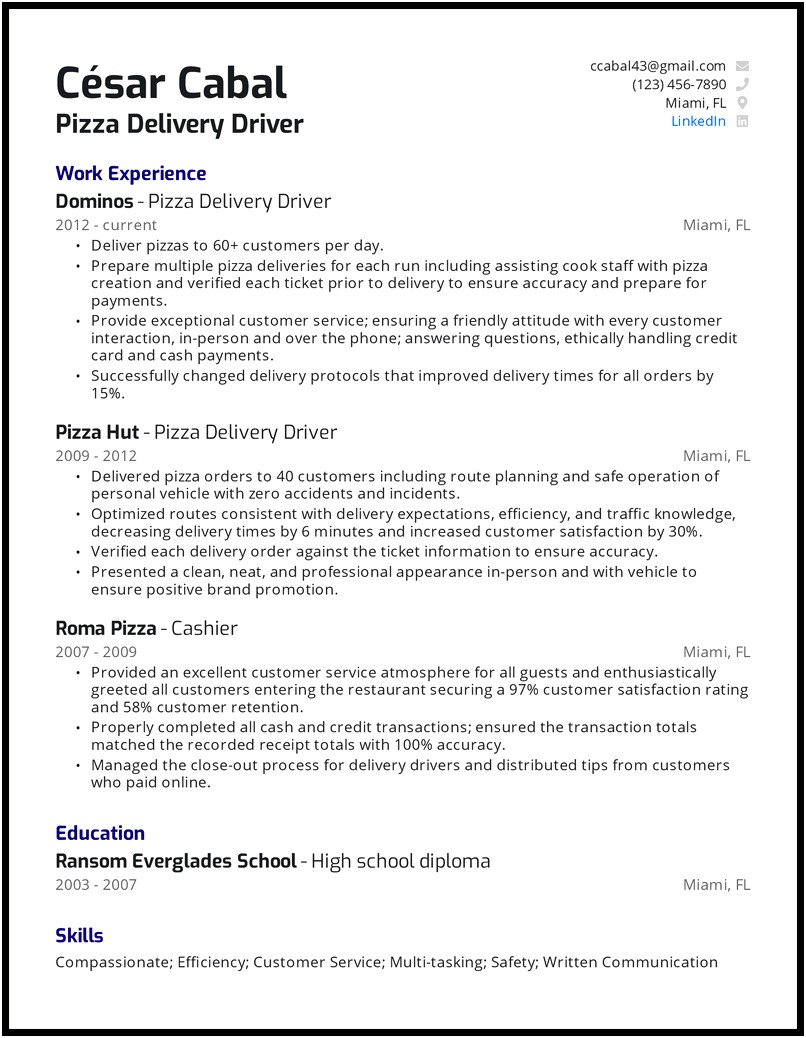 Pizza Delivery Job Duties For Resume
