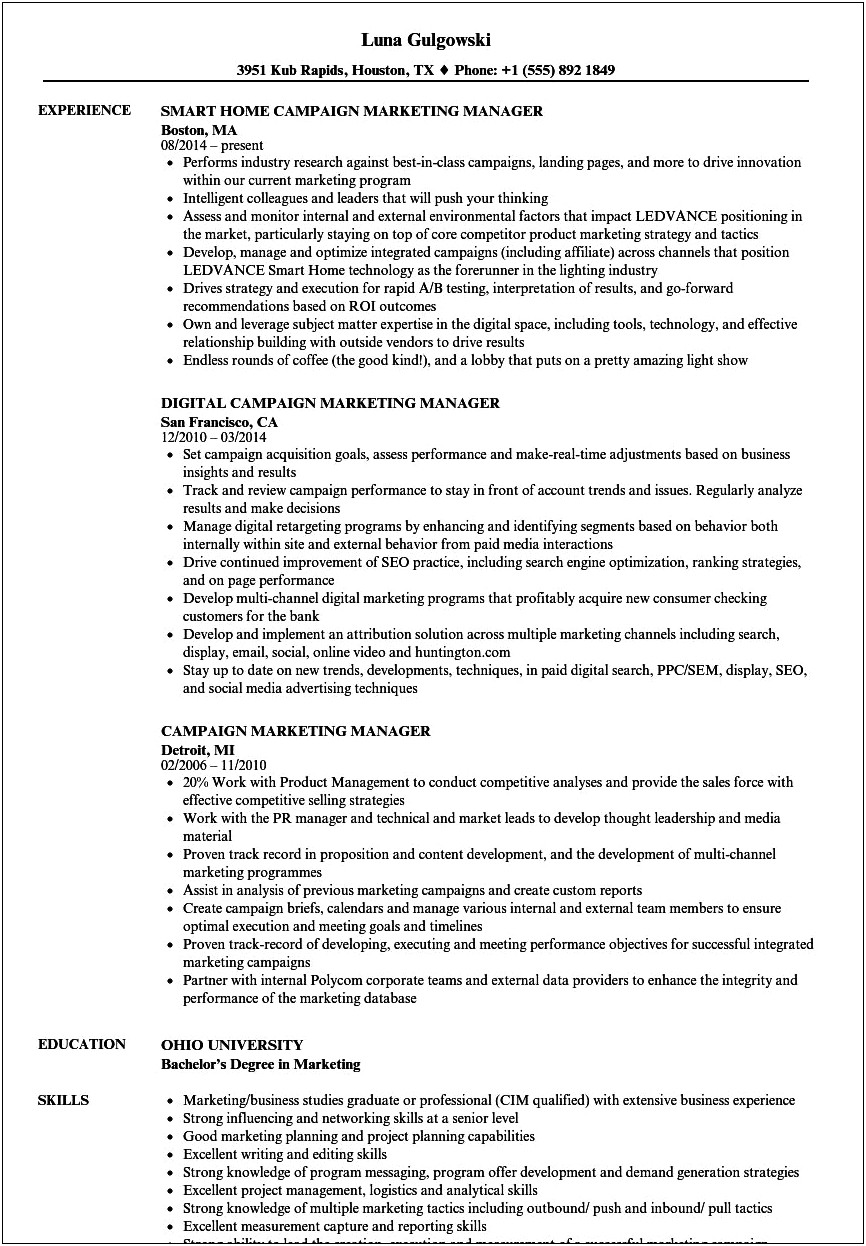 Political Campaign Manager Job Description Resume