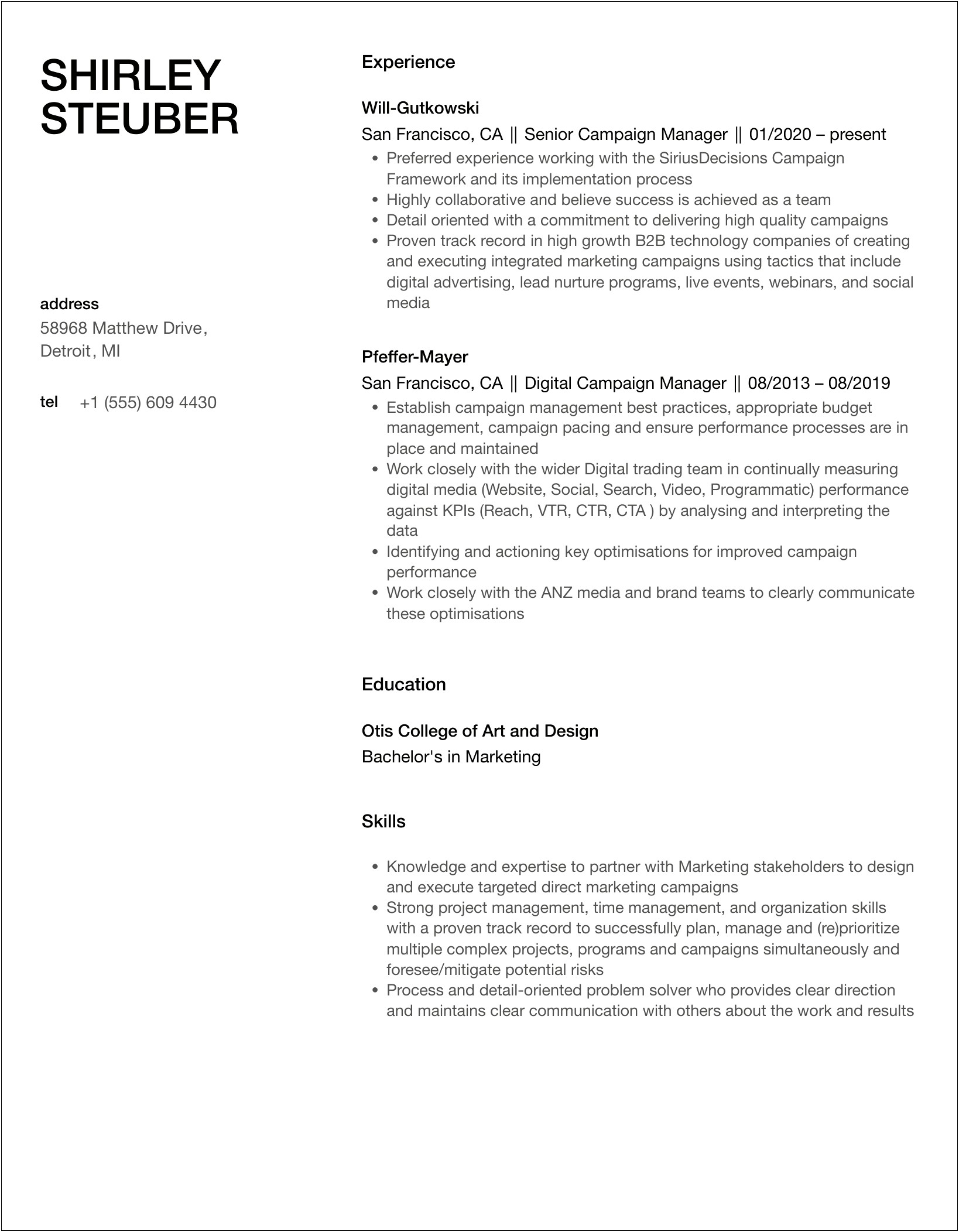 Political Campaing Call Time Manager Resume