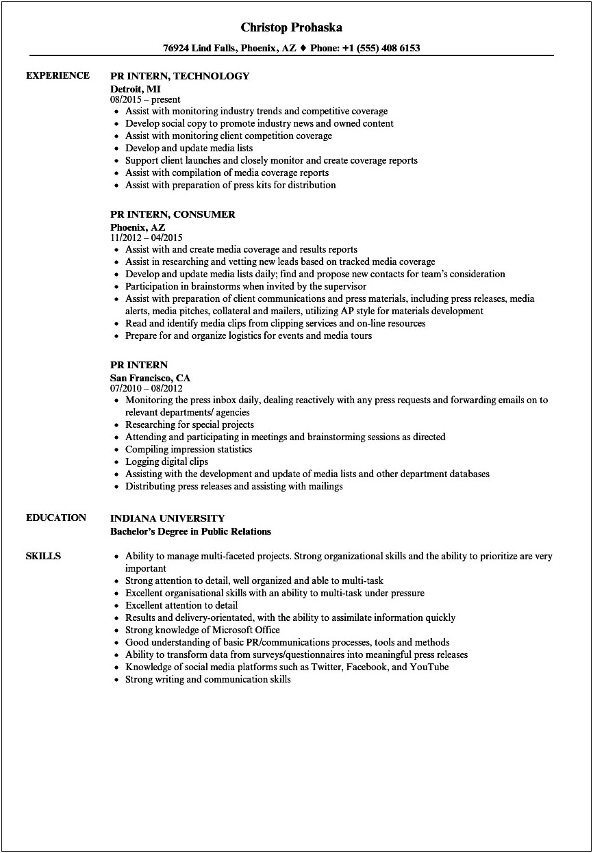 Pr Intern Job Description For Resume