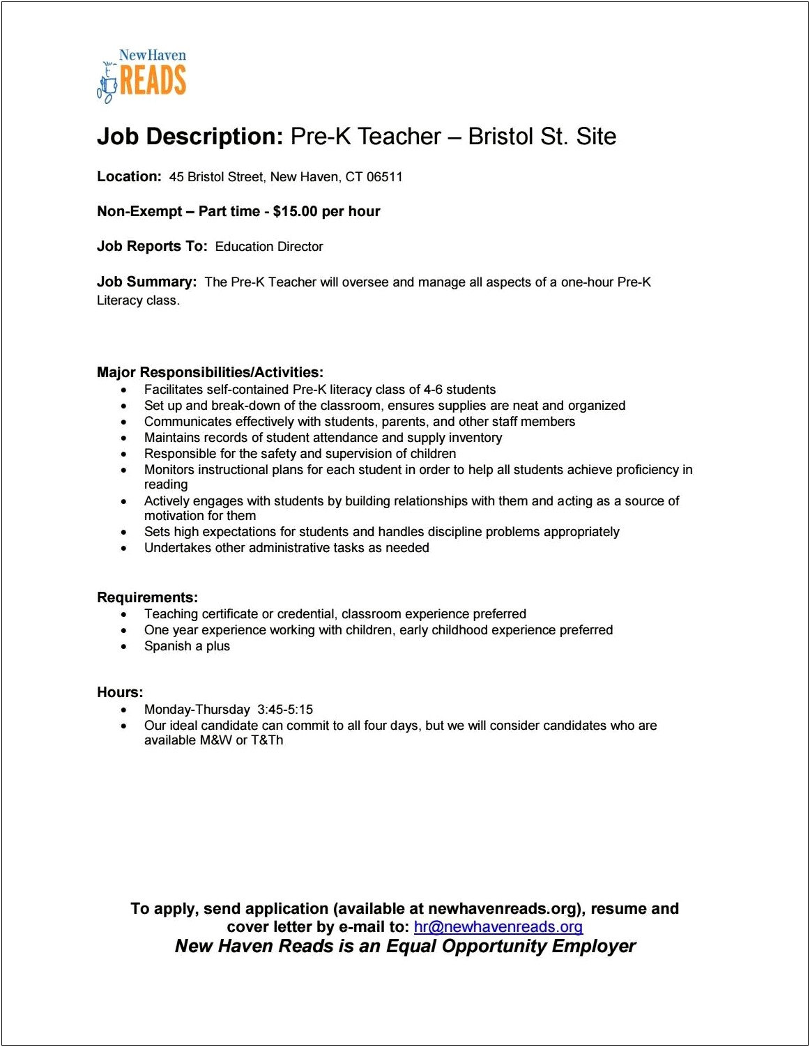 Pre K Teacher Job Description For Resume