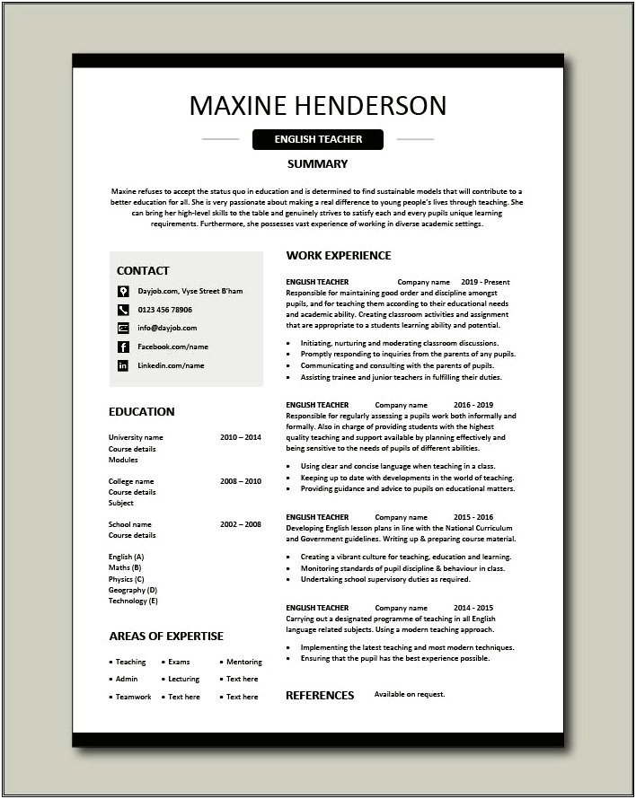 Primary Teacher Resume Format In Word Free Download