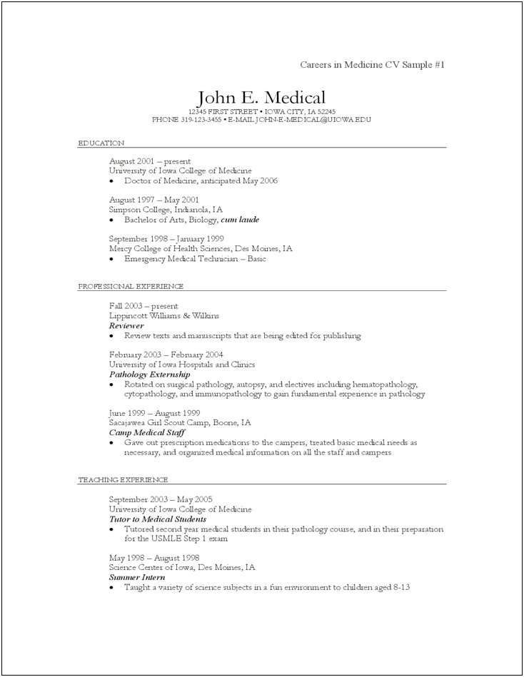 Printable Resume For Medical Doctor Samples
