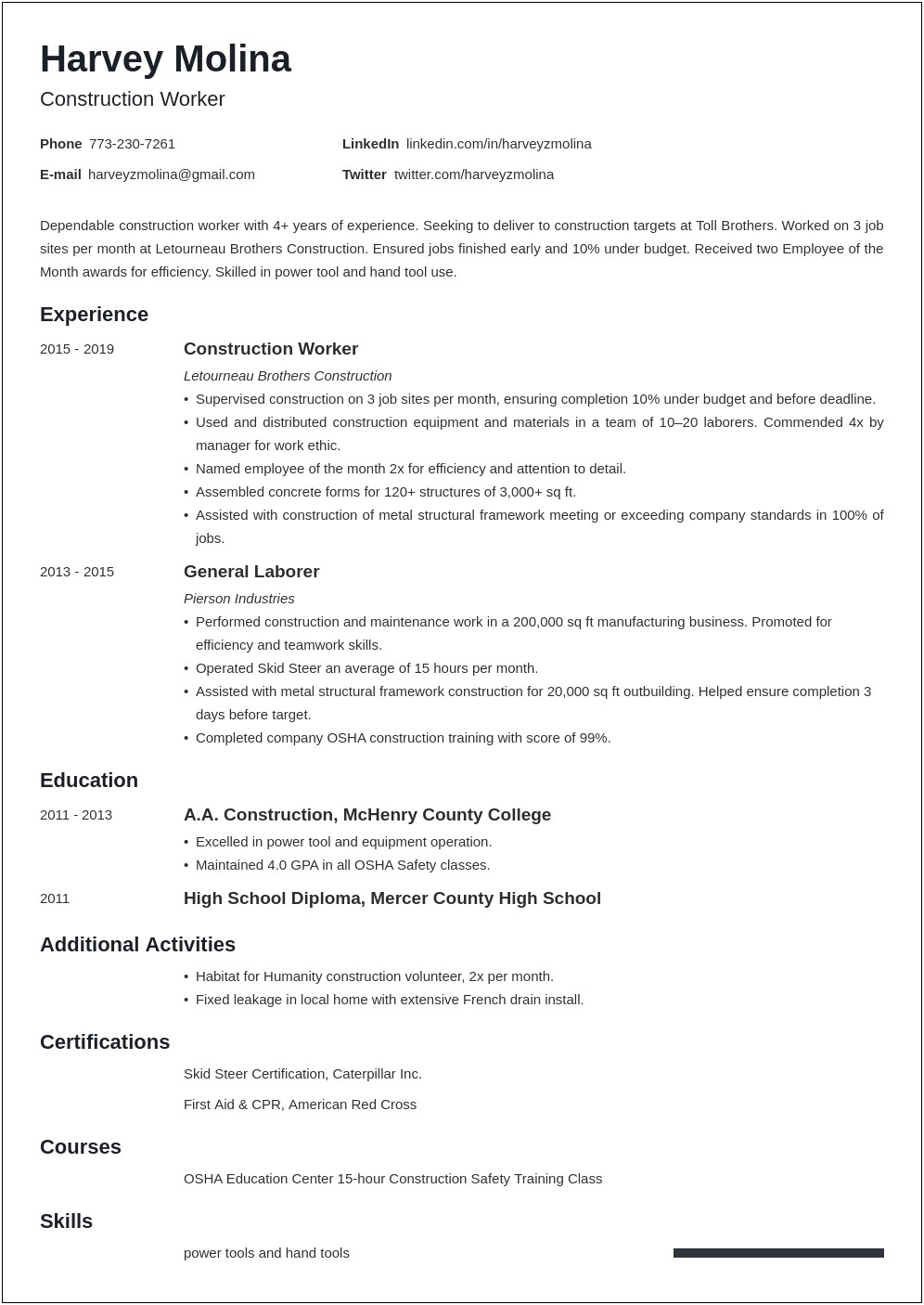 Printable Sample Resume For Construction Worker