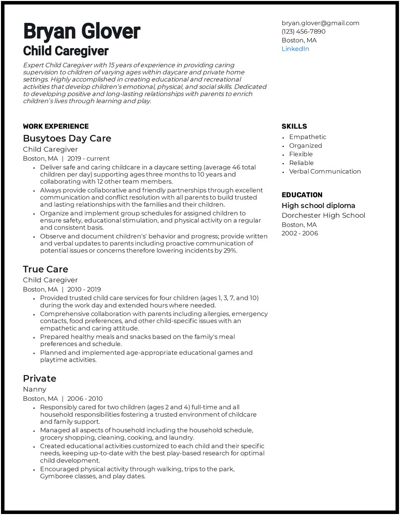 Private Caregiver Job Description For Resume