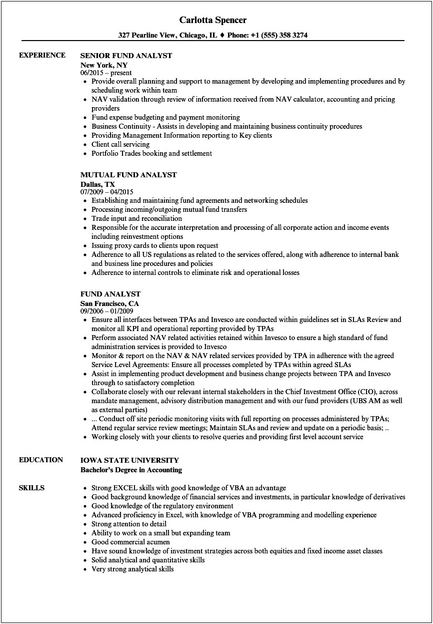 Private Equity Fund Of Funds Associate Sample Resume