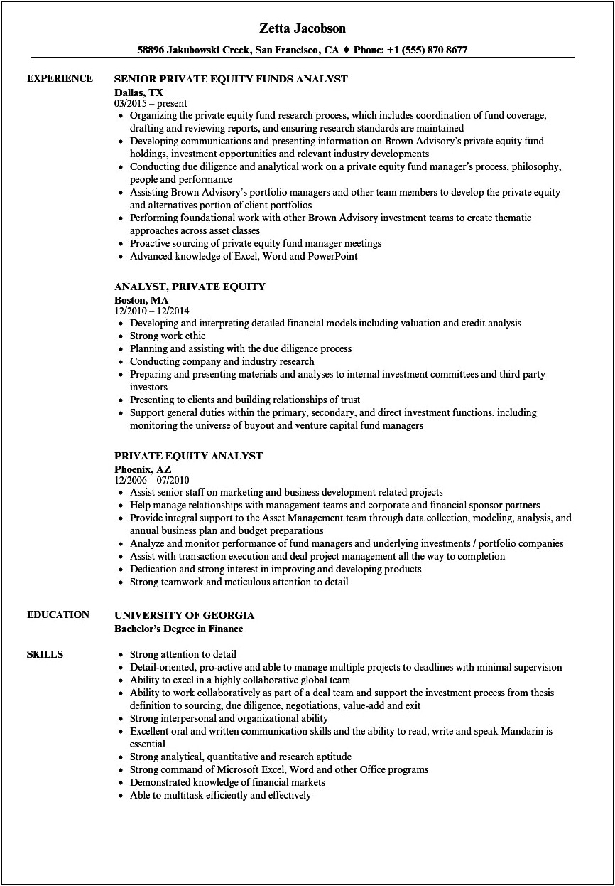 Private Equity Real Estate Resume Sample