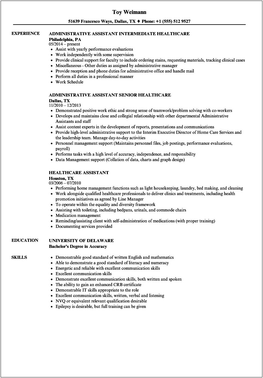 Private Home Healthcare Job Description Resume