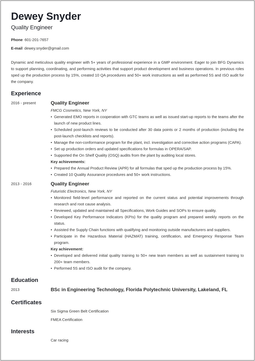 Process Engineer Six Sigma Experience Resume