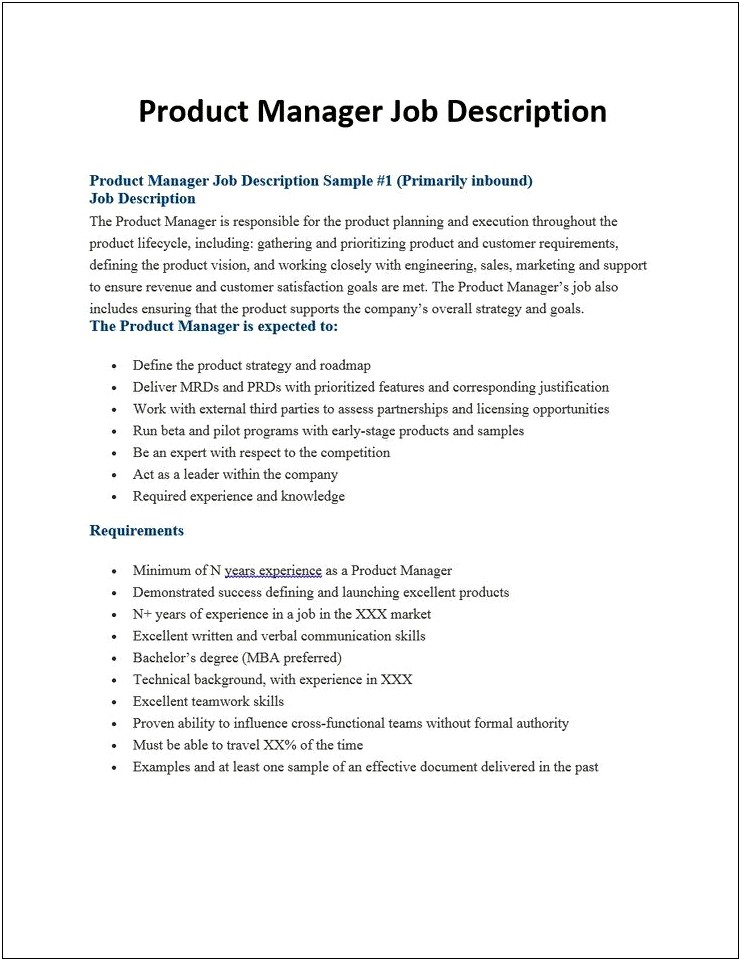 Product Manager Job Description For Resume